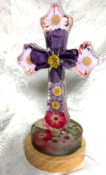 Handmade Flower Resin Cross Light, Floral Christian Decor, Faith Inspired Wall Art, Religious Home Accent