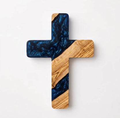Handmade Olive Wood Resin Cross, Christian Wall Decor, Rustic Religious Home Decoration, Meaningful Faith Gift