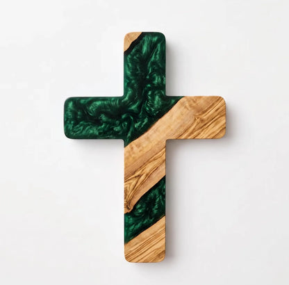 Handmade Olive Wood Resin Cross, Christian Wall Decor, Rustic Religious Home Decoration, Meaningful Faith Gift
