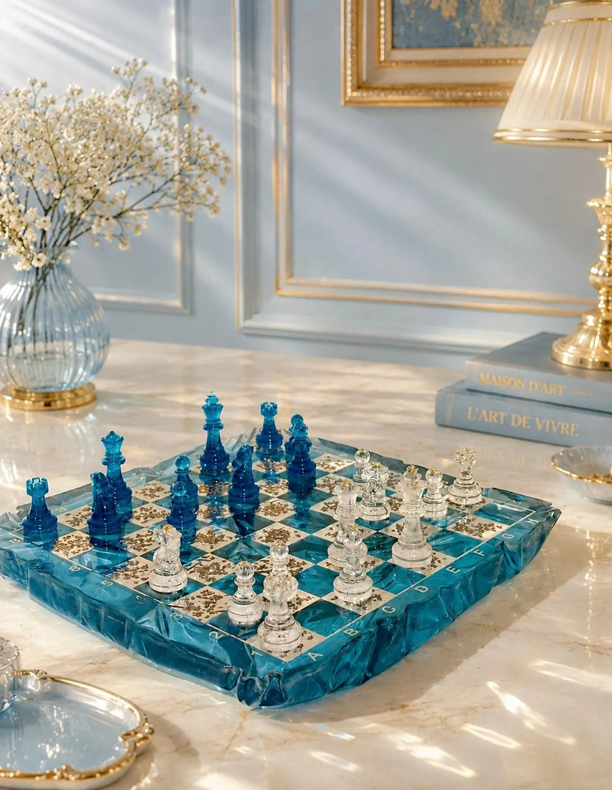 Handmade Blue Iceberg Resin Chess Set with Artistic Epoxy Board and Crystal Chess Pieces