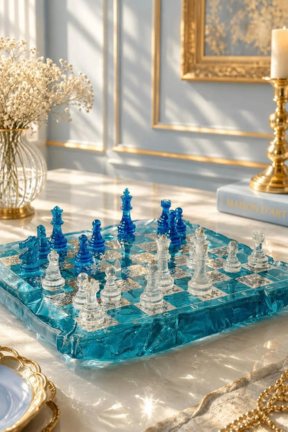 Handmade Blue Iceberg Resin Chess Set with Artistic Epoxy Board and Crystal Chess Pieces