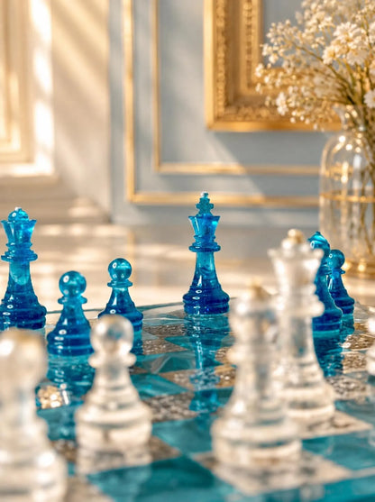 Handmade Blue Iceberg Resin Chess Set with Artistic Epoxy Board and Crystal Chess Pieces