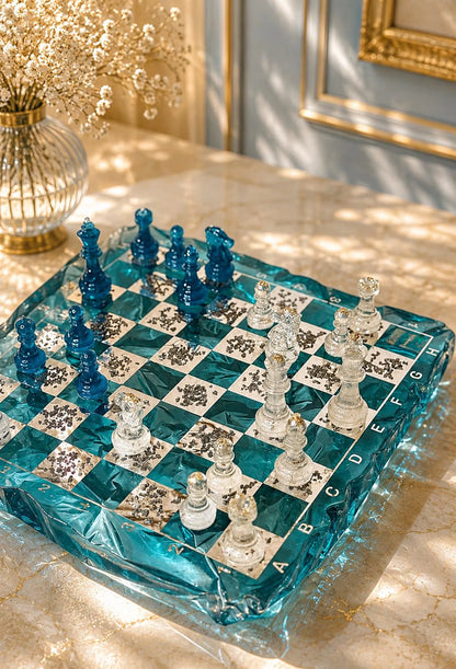 Handmade Blue Iceberg Resin Chess Set with Artistic Epoxy Board and Crystal Chess Pieces