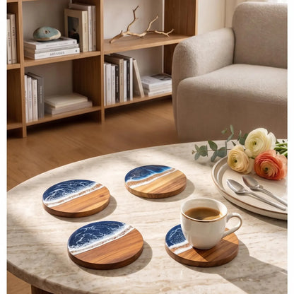 Handmade Wood Resin Tide Coasters, Ocean Wave Art Set, Coastal Table Decor, Beach Home Accent
