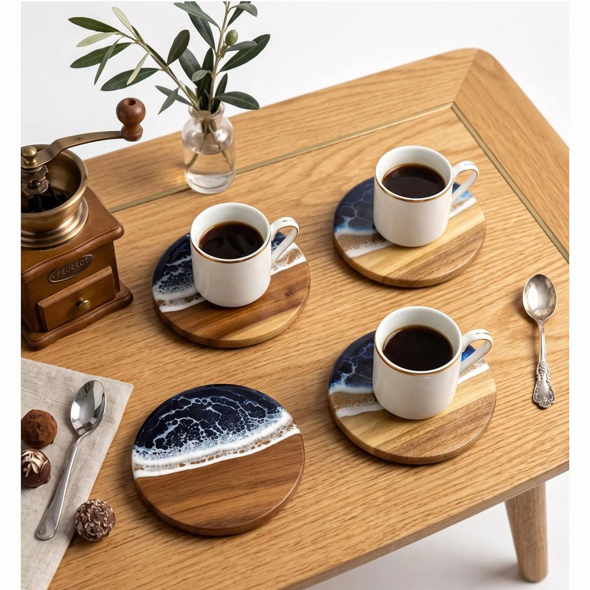Handmade Wood Resin Tide Coasters, Ocean Wave Art Set, Coastal Table Decor, Beach Home Accent