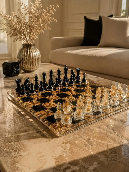 Luxury Transparent Resin Chess Set with Luminous Gold Accents Handmade Decorative Chess Board