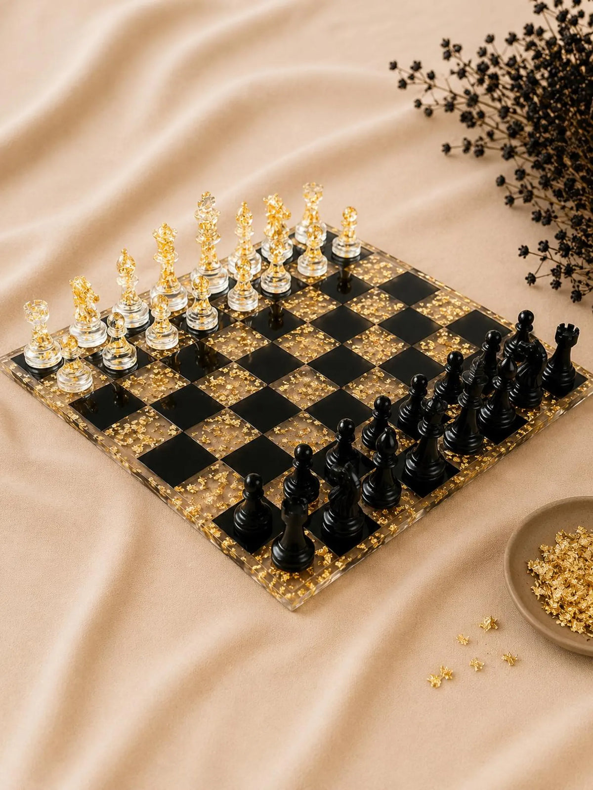 Luxury Transparent Resin Chess Set with Luminous Gold Accents Handmade Decorative Chess Board