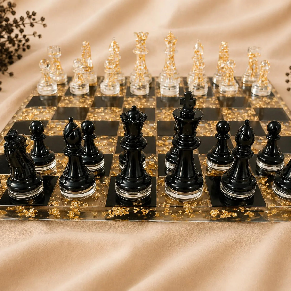 Luxury Transparent Resin Chess Set with Luminous Gold Accents Handmade Decorative Chess Board
