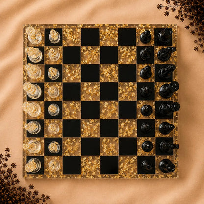 Luxury Transparent Resin Chess Set with Luminous Gold Accents Handmade Decorative Chess Board