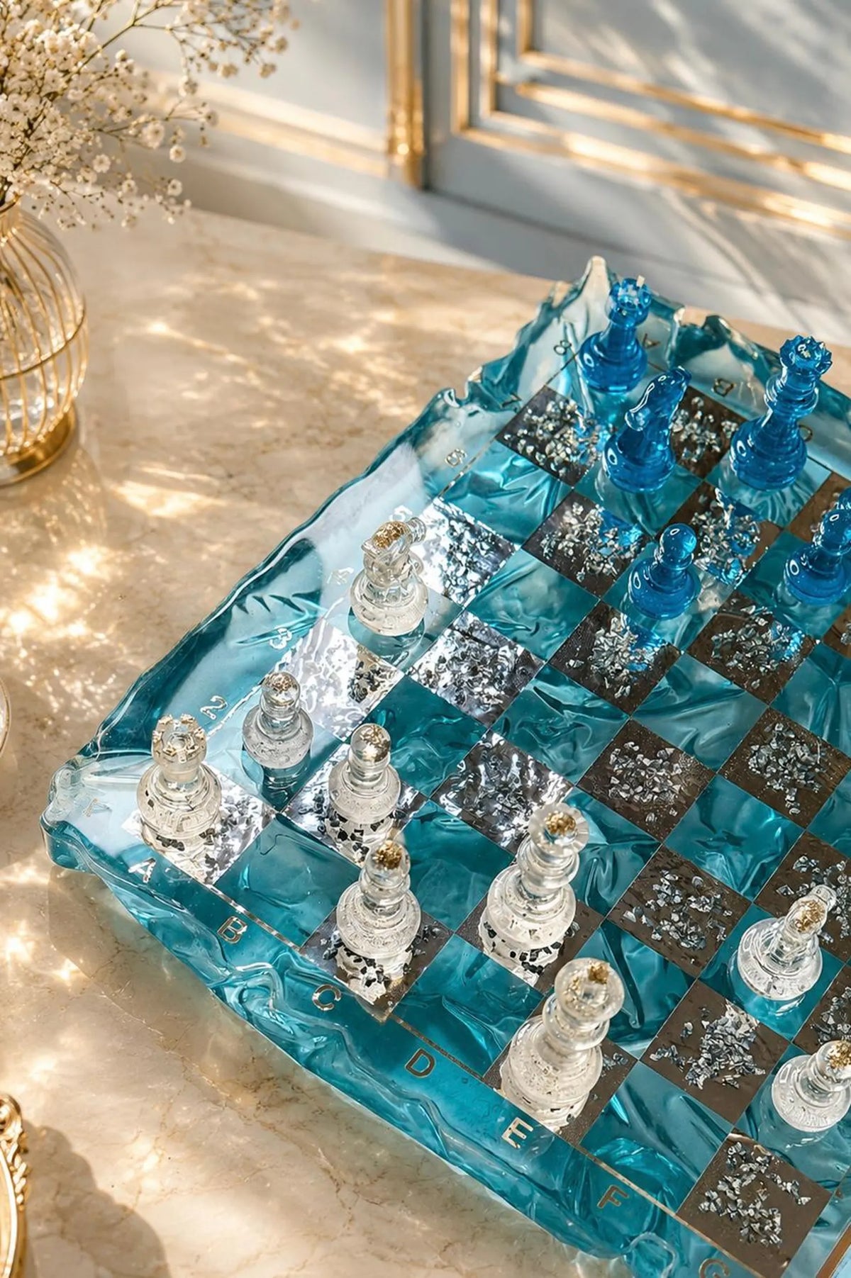 Handmade Blue Iceberg Resin Chess Set with Artistic Epoxy Board and Crystal Chess Pieces