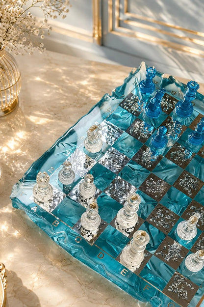 Handmade Blue Iceberg Resin Chess Set with Artistic Epoxy Board and Crystal Chess Pieces