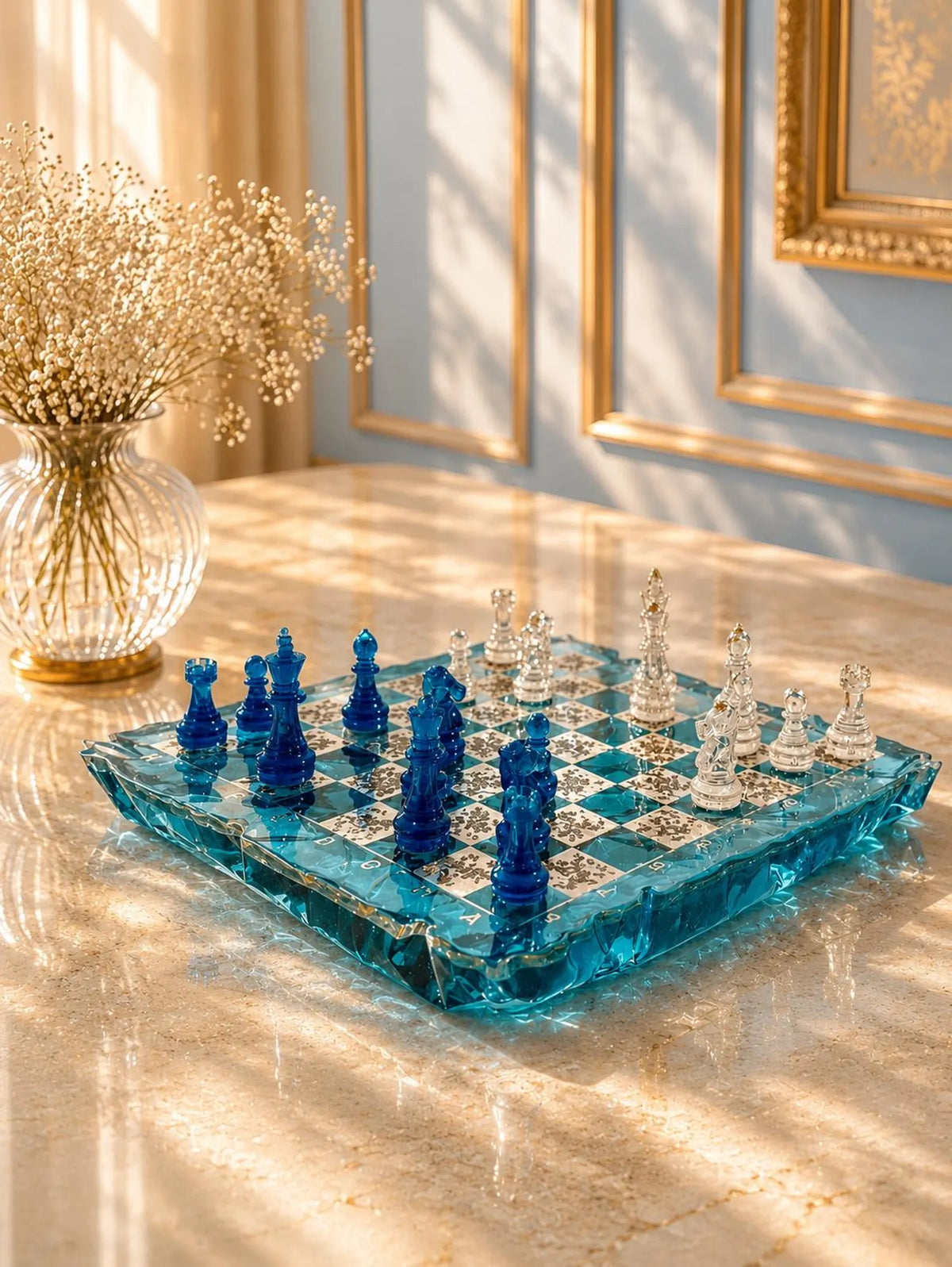 Handmade Blue Iceberg Resin Chess Set with Artistic Epoxy Board and Crystal Chess Pieces
