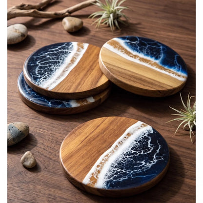 Handmade Wood Resin Tide Coasters, Ocean Wave Art Set, Coastal Table Decor, Beach Home Accent