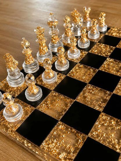 Luxury Transparent Resin Chess Set with Luminous Gold Accents Handmade Decorative Chess Board