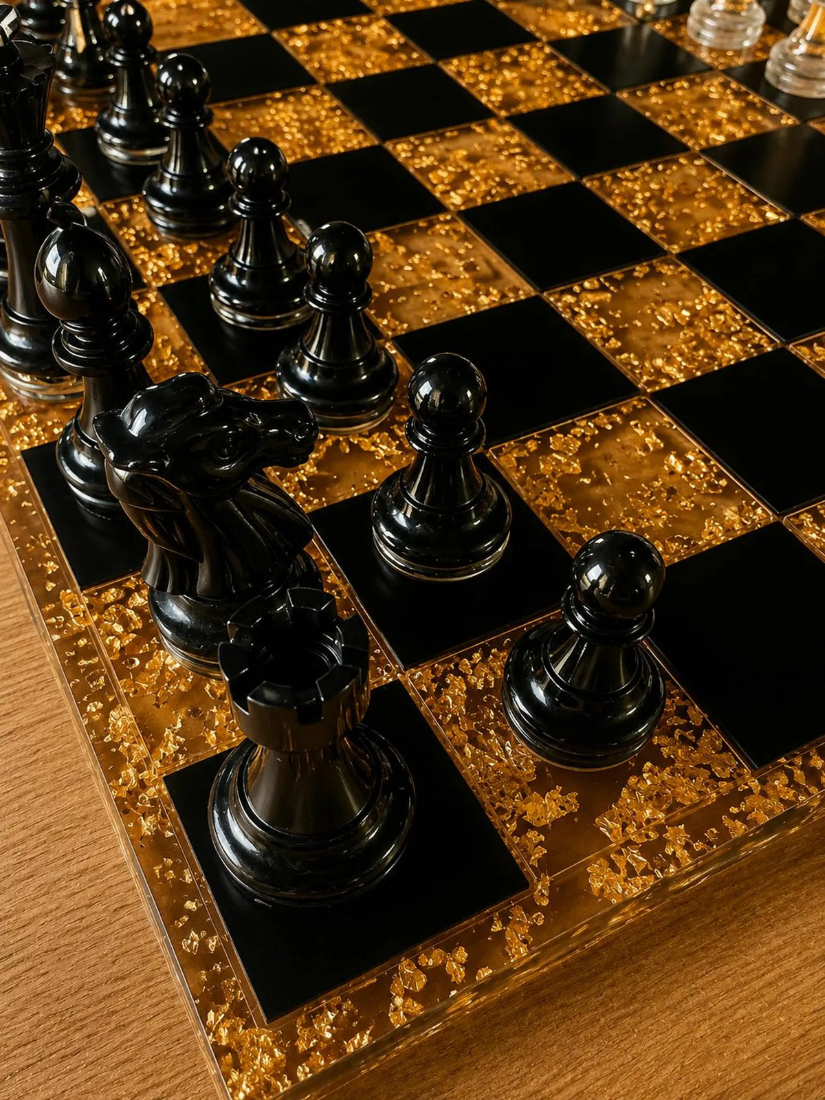Luxury Transparent Resin Chess Set with Luminous Gold Accents Handmade Decorative Chess Board