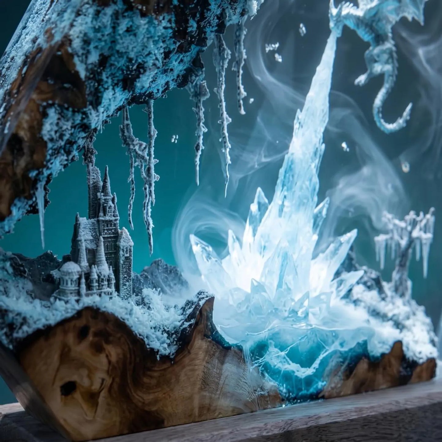 Handmade Ice Dragon Resin Lamp – Winter Castle Fantasy Night Light and Gamer Decor