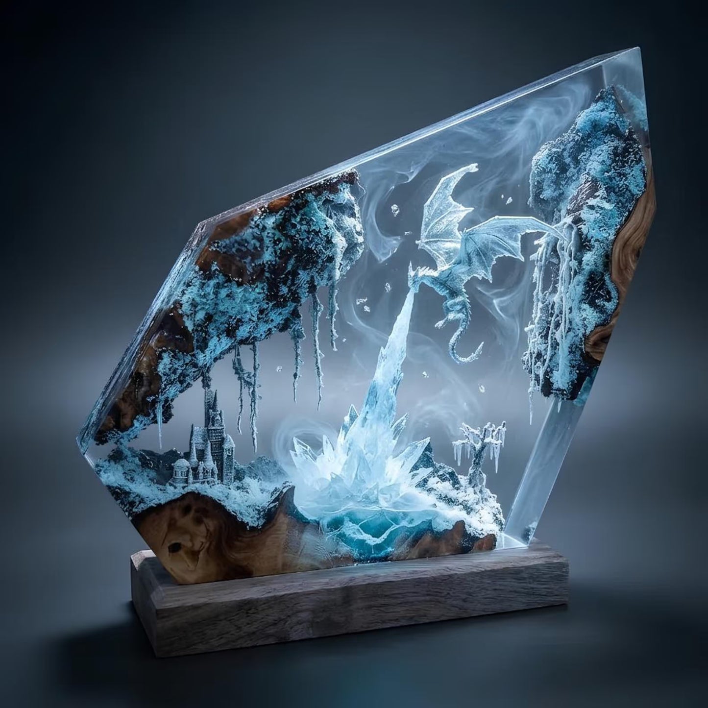 Handmade Ice Dragon Resin Lamp – Winter Castle Fantasy Night Light and Gamer Decor