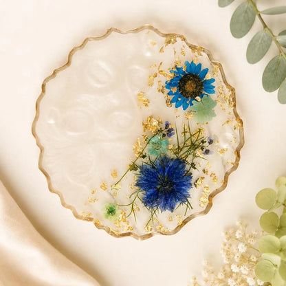 Floral Resin Coaster Set, Pressed Flower Gold Flake, Handmade Home Decor Holder, Elegant Design