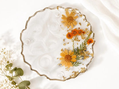 Floral Resin Coaster Set, Pressed Flower Gold Flake, Handmade Home Decor Holder, Elegant Design
