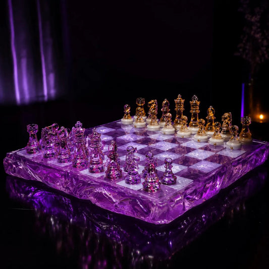 uxury Handmade Purple Resin Chess Set with Transparent Epoxy Chess Board