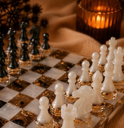 Luxury Pearl White Resin Chess Set – Handmade Transparent Chess Board with Mineral Design