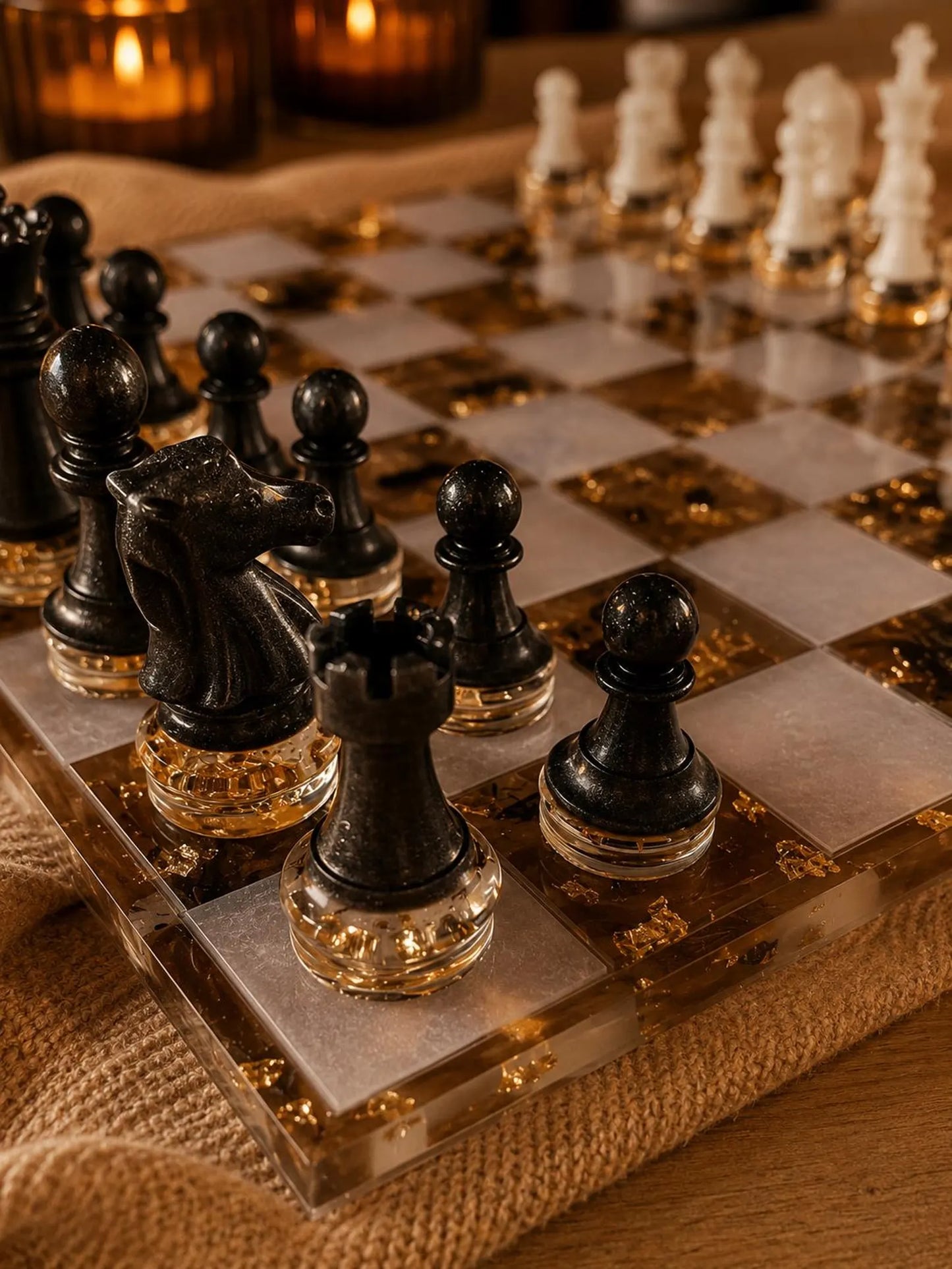 Luxury Pearl White Resin Chess Set – Handmade Transparent Chess Board with Mineral Design