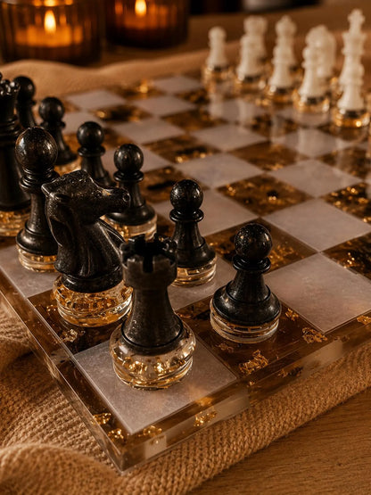 Luxury Pearl White Resin Chess Set – Handmade Transparent Chess Board with Mineral Design