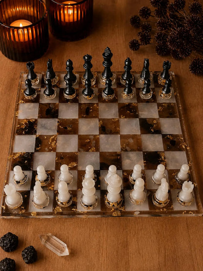 Luxury Pearl White Resin Chess Set – Handmade Transparent Chess Board with Mineral Design