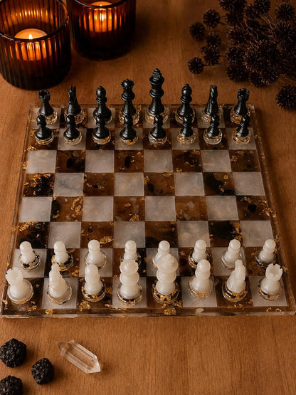 Luxury Pearl White Resin Chess Set – Handmade Transparent Chess Board with Mineral Design