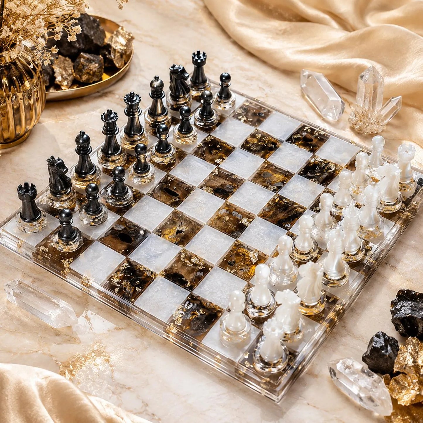 Luxury Pearl White Resin Chess Set – Handmade Transparent Chess Board with Mineral Design