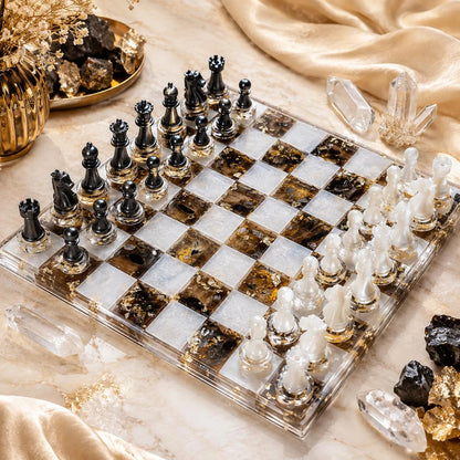 Luxury Pearl White Resin Chess Set – Handmade Transparent Chess Board with Mineral Design