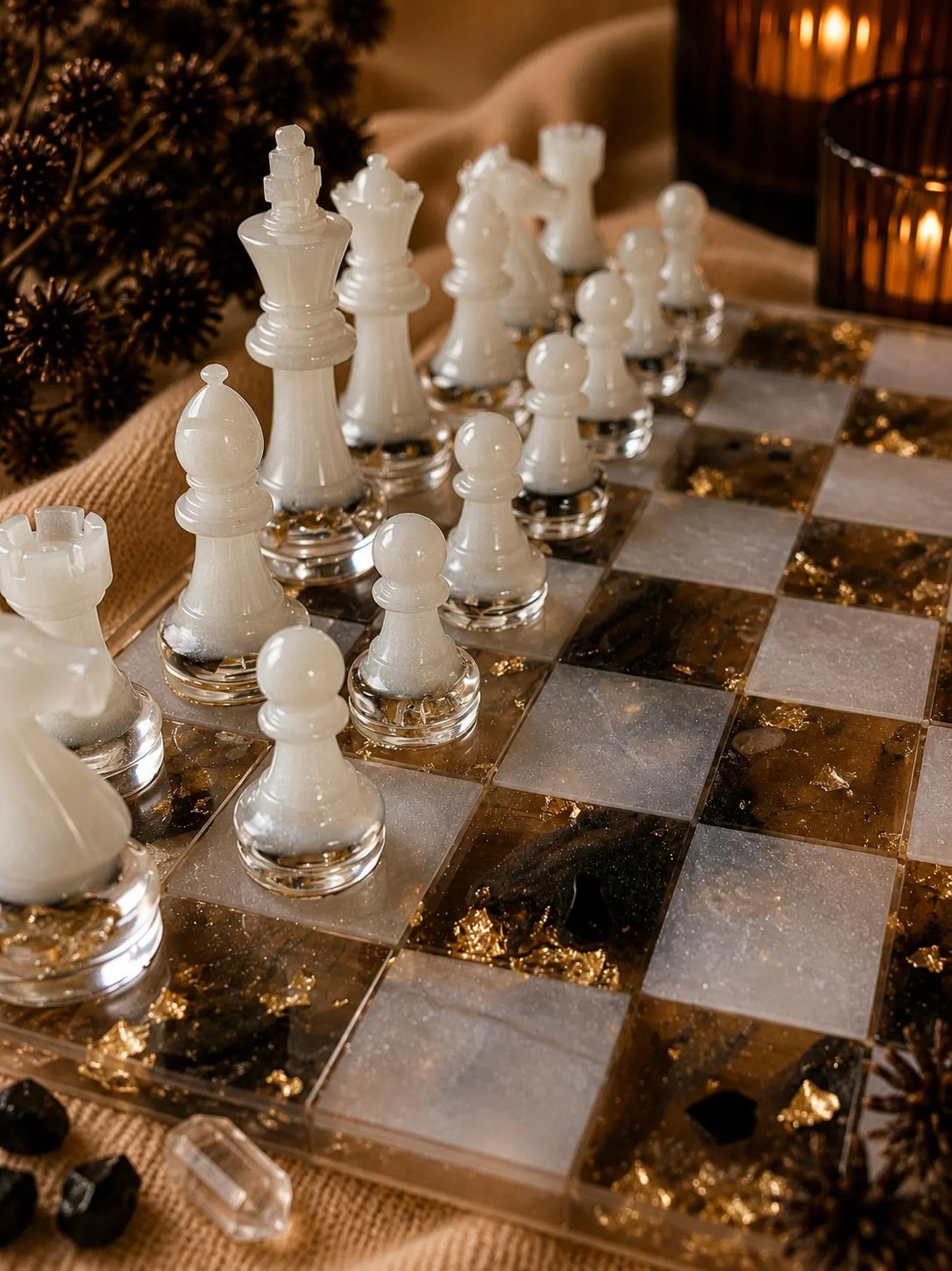 Luxury Pearl White Resin Chess Set – Handmade Transparent Chess Board with Mineral Design