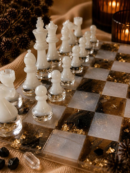 Luxury Pearl White Resin Chess Set – Handmade Transparent Chess Board with Mineral Design
