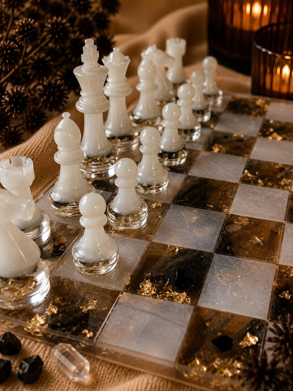 Luxury Pearl White Resin Chess Set – Handmade Transparent Chess Board with Mineral Design