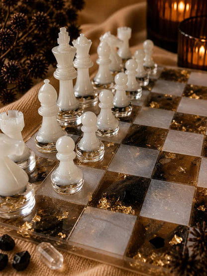 Luxury Pearl White Resin Chess Set – Handmade Transparent Chess Board with Mineral Design