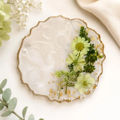 Floral Resin Coaster Set, Pressed Flower Gold Flake, Handmade Home Decor Holder, Elegant Design