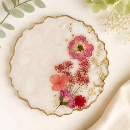 Floral Resin Coaster Set, Pressed Flower Gold Flake, Handmade Home Decor Holder, Elegant Design