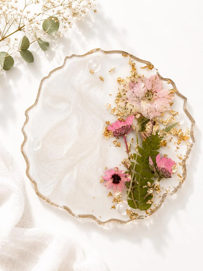 Floral Resin Coaster Set, Pressed Flower Gold Flake, Handmade Home Decor Holder, Elegant Design