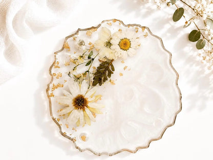Floral Resin Coaster Set, Pressed Flower Gold Flake, Handmade Home Decor Holder, Elegant Design