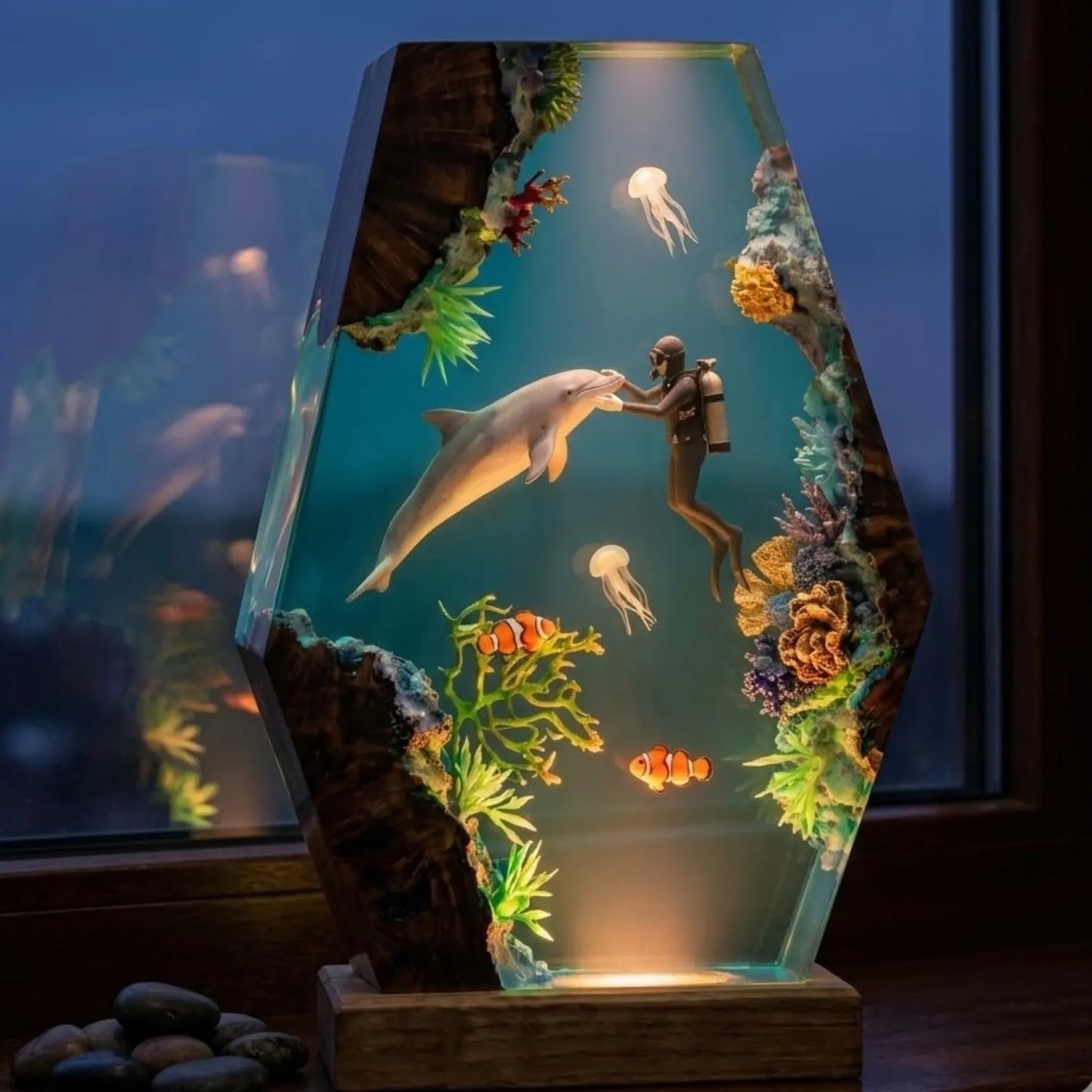 Handmade Dolphin Diver Resin Lamp – Ocean LED Night Light and Underwater Decor