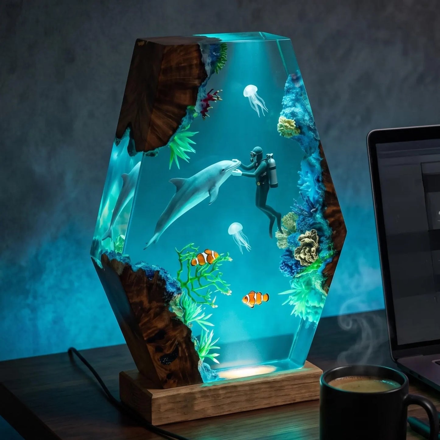 Handmade Dolphin Diver Resin Lamp – Ocean LED Night Light and Underwater Decor