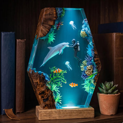 Handmade Dolphin Diver Resin Lamp – Ocean LED Night Light and Underwater Decor