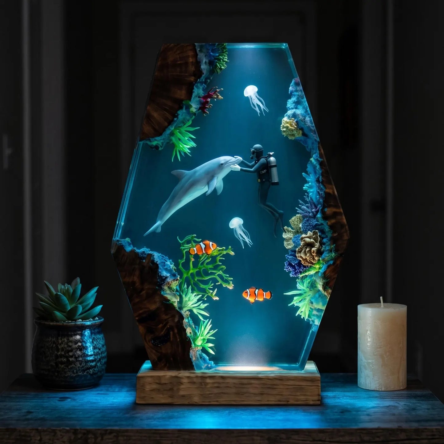 Handmade Dolphin Diver Resin Lamp – Ocean LED Night Light and Underwater Decor