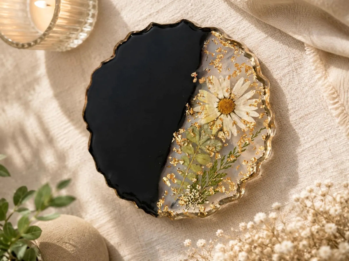 Floral Resin Coaster Set, Pressed Flower Gold Flake, Handmade Home Decor Holder, Elegant Design