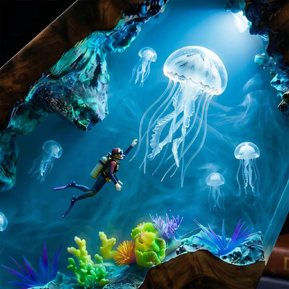 Handmade Deep Sea Jellyfish Resin Lamp – Ocean Diver Coral Reef Night Light Decor