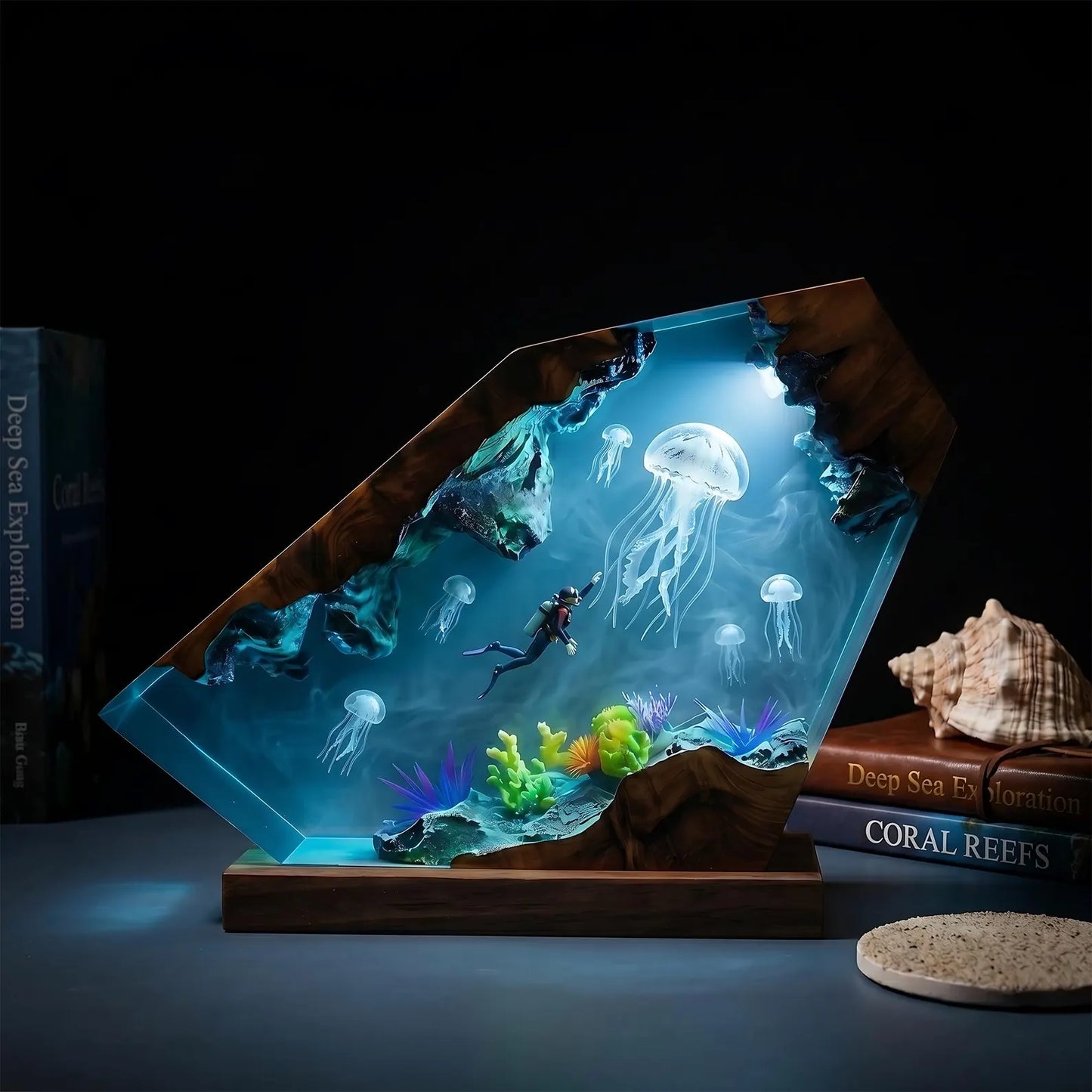 Handmade Deep Sea Jellyfish Resin Lamp – Ocean Diver Coral Reef Night Light Decor