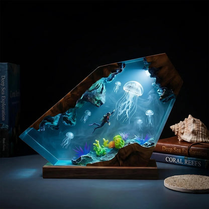 Handmade Deep Sea Jellyfish Resin Lamp – Ocean Diver Coral Reef Night Light Decor