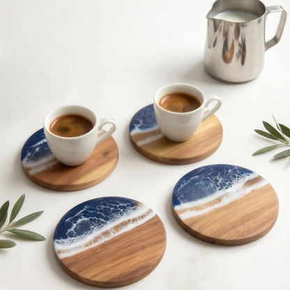 Handmade Wood Resin Tide Coasters, Ocean Wave Art Set, Coastal Table Decor, Beach Home Accent