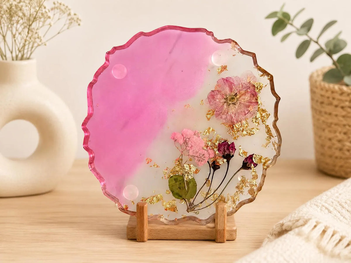 Floral Resin Coaster Set, Pressed Flower Gold Flake, Handmade Home Decor Holder, Elegant Design