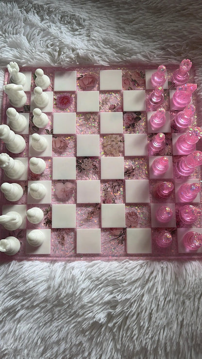Handmade Pink Resin Chess Set with Elegant Epoxy Board and Artistic Crystal Chess Pieces